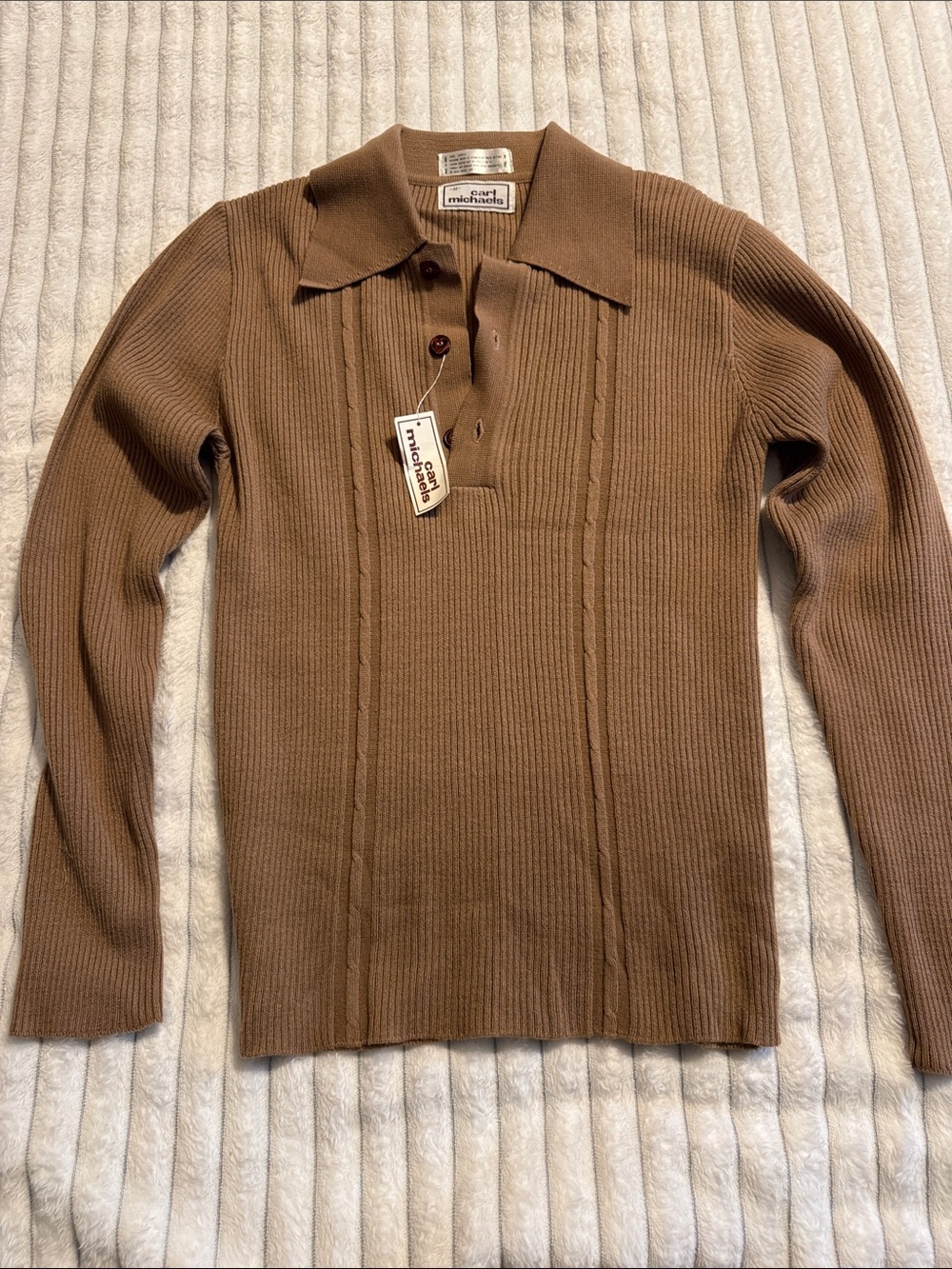 Vintage Michaels Men’s Brown V-Neck Ribbed Polo Sweater NWT